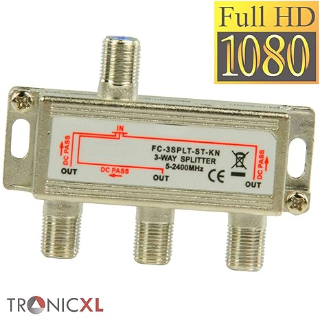 TronicXL 3fach F-Stecker Antennenverteiler DC-Durchlass TV Kabel Kabelfernsehen BK DVB-T2 zb für Unitymedia Splitter HD