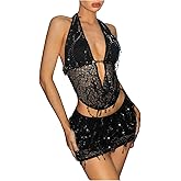 SOLY HUX Women's 2 Piece Party Club Outfit Sequin Tie Backless Sheer Halter Crop Top and Mini Skirt Set
