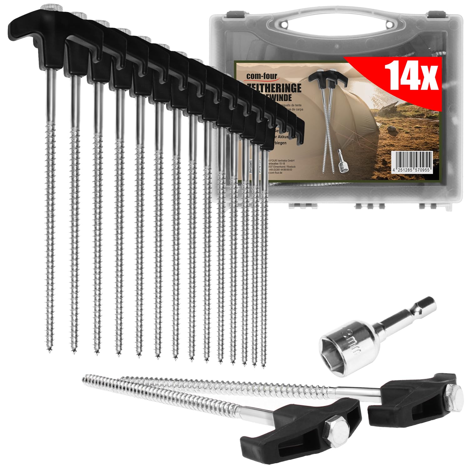 COM-FOUR® 14x steel tent pegs with adapter for cordless screwdriver - screw pegs in transport box - robust ground pegs with thread for camping and outdoors - tent pegs ideal for hard ground