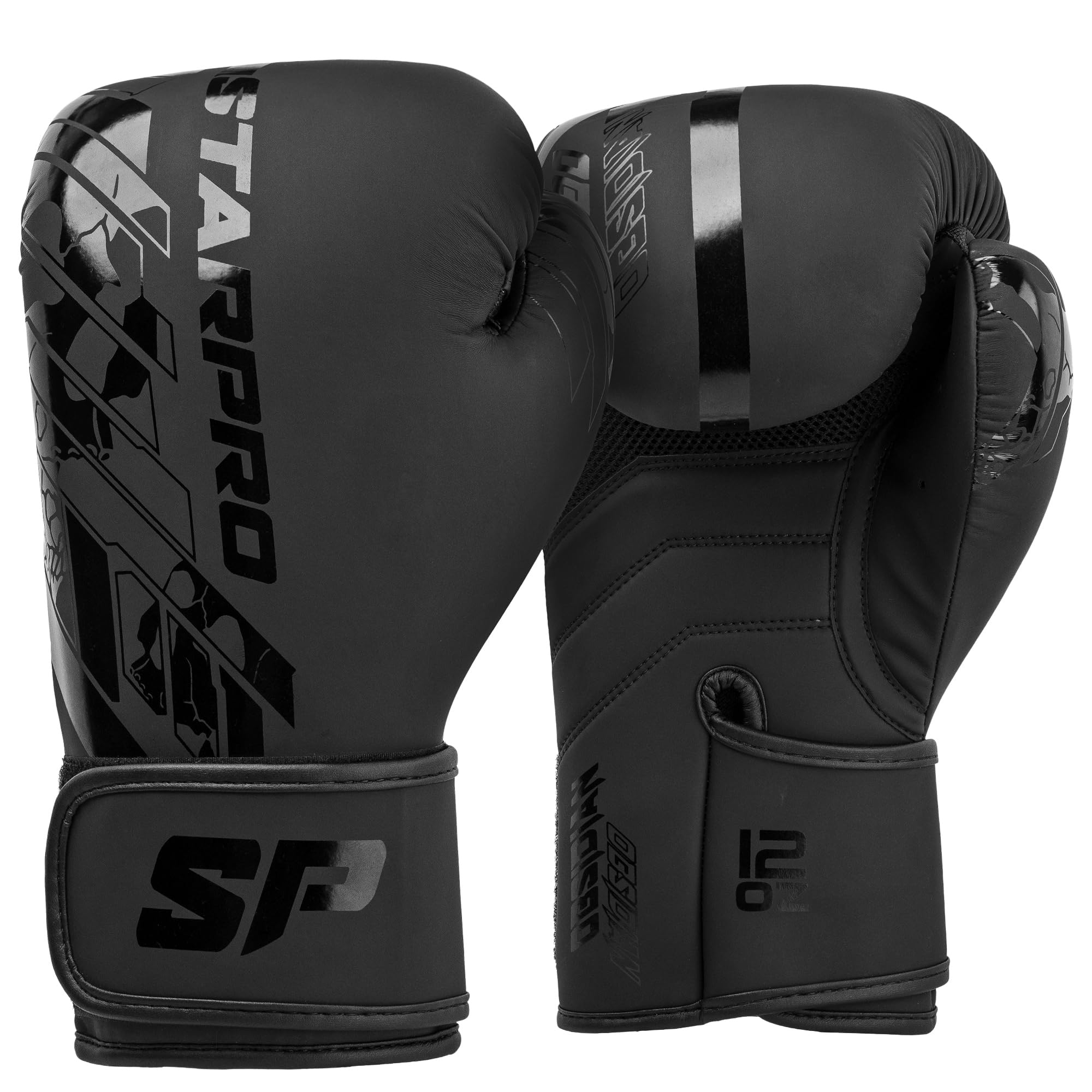 Starpro Matte Black Boxing Gloves – Faux Leather Training/Sparring Gloves for Men & Women, Ideal for Kickboxing & Muay Thai – Sizes 8oz, 10oz, 12oz, 14oz,16oz