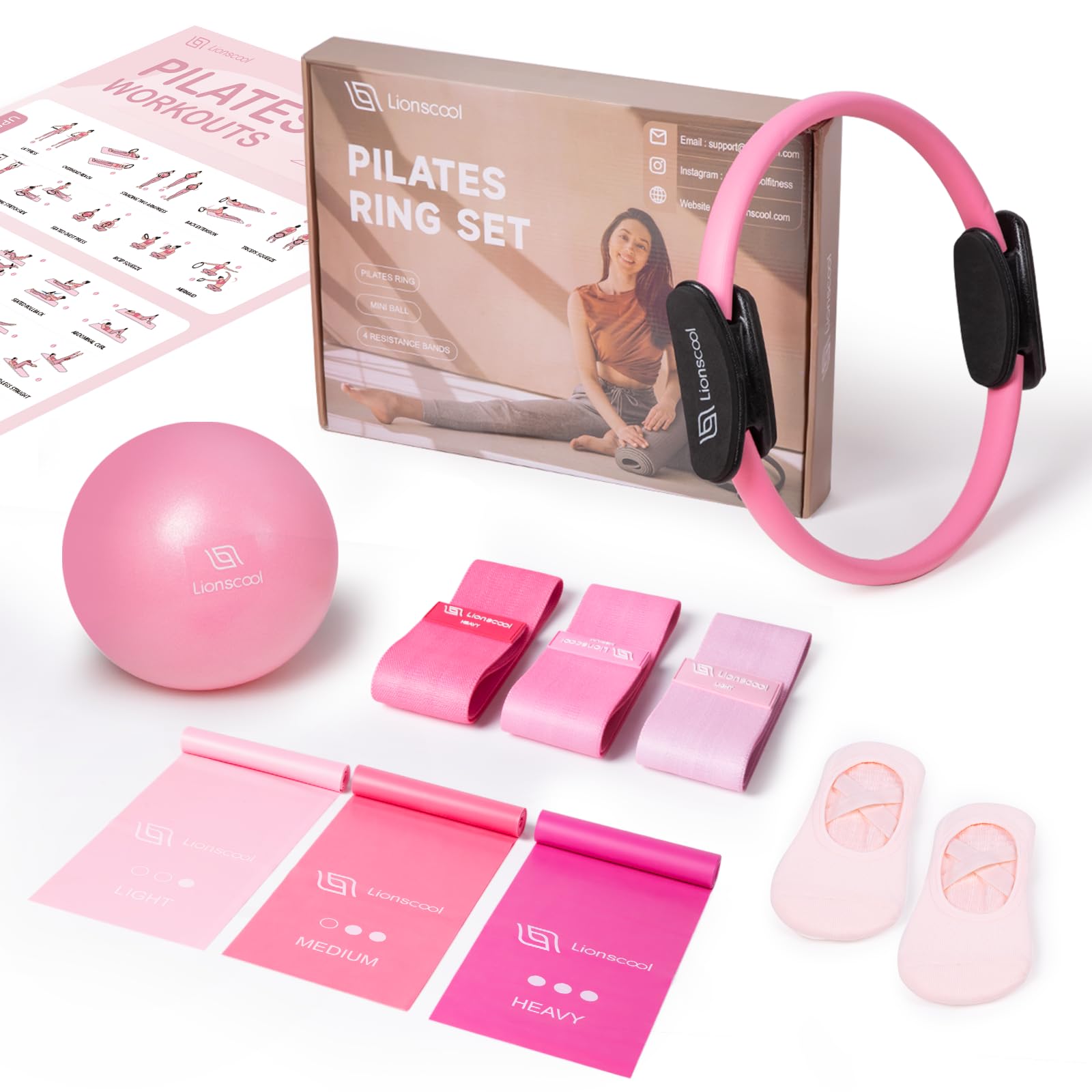 Photo 1 of (incomplete) LIONSCOOL Pilates Ring Set – 14" Anti-Deformation Magic Circle with Padded Handles, Mini Ball, Resistance Bands, Guide & Bag (Pink Pro)