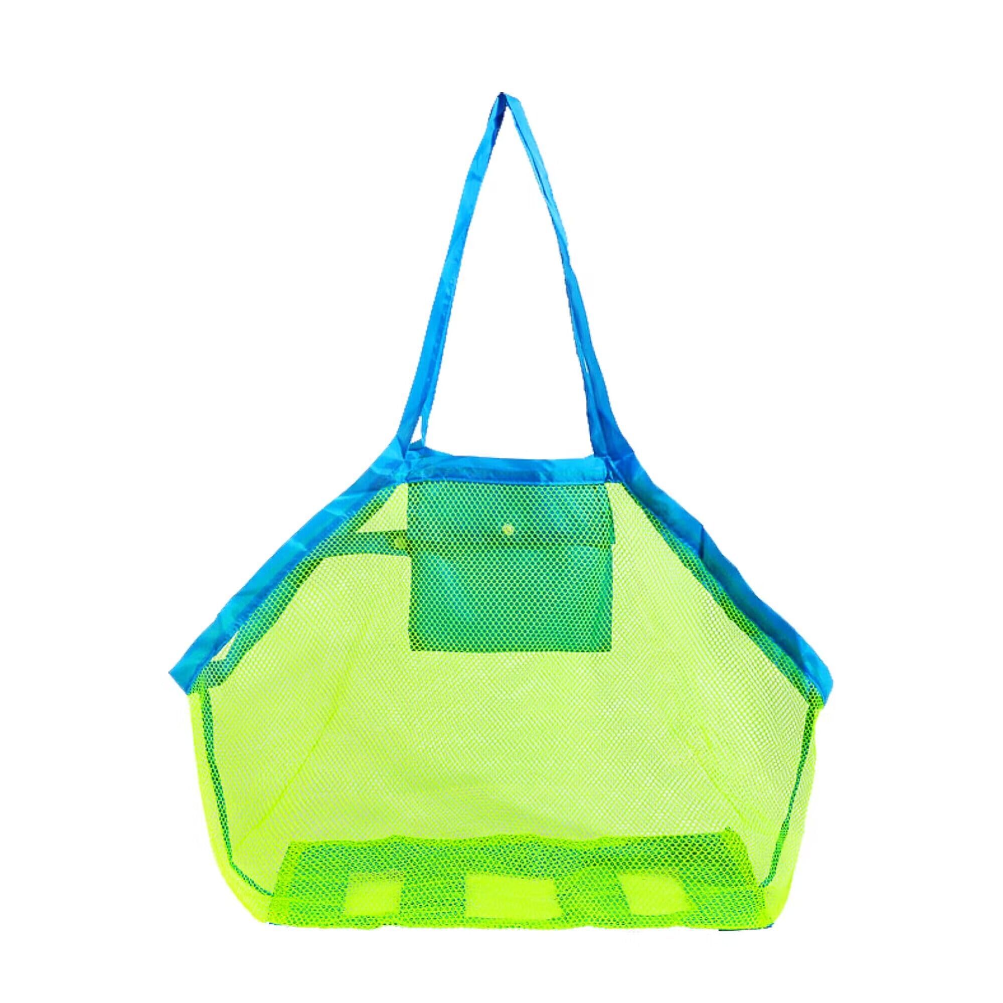 Summer Beach Bags Large with Pocket Foldable Mesh Beach Bag for Child's Toys Lightweight Reusable Net Bag for Wet Towels Shoes Folding Sand Away Tote 18x12x18inch Green Mesh Blue Strap