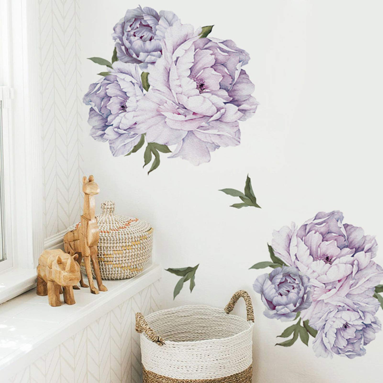 Peony Floral Wall Decals Watercolor Purple Flowers Wall Stickers for Bedroom, Delicate Peonies Flower Wall Posters Peel and Stick Wallpaper for Living Room Girls Room Office