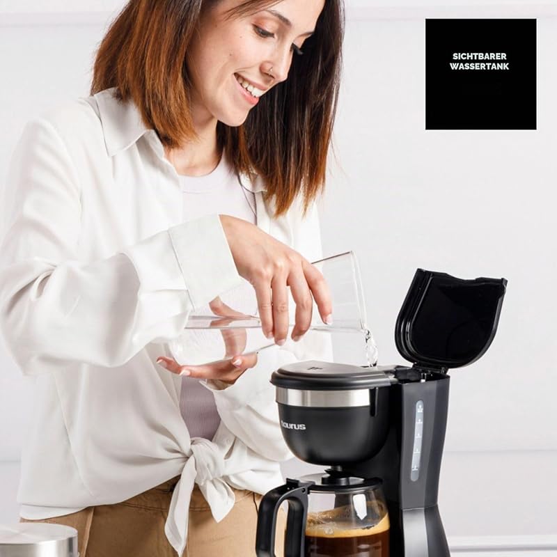 Kaffeemaschine Verona 6, 600 W, 600 ml, Intense Flavour Tech, Heizplatte, waschbarer Permanentfilter, tropffreies Glaskanne, kompaktes Design in Mattschwarz, BPA-frei