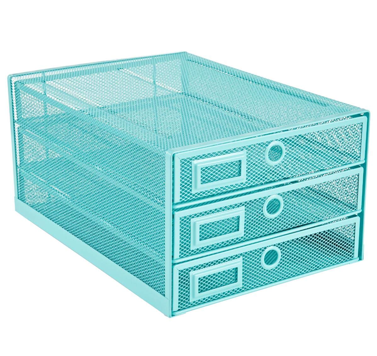 Photo 1 of **DENTED** Annova Desk Organizer Wire Mesh 3 Tier Sliding Drawers Paper Sorter/Multifunctional/Premium Solid Construction for Letters, Documents, Mail, Files, Paper, Kids' Art Supplies (Turquoise)