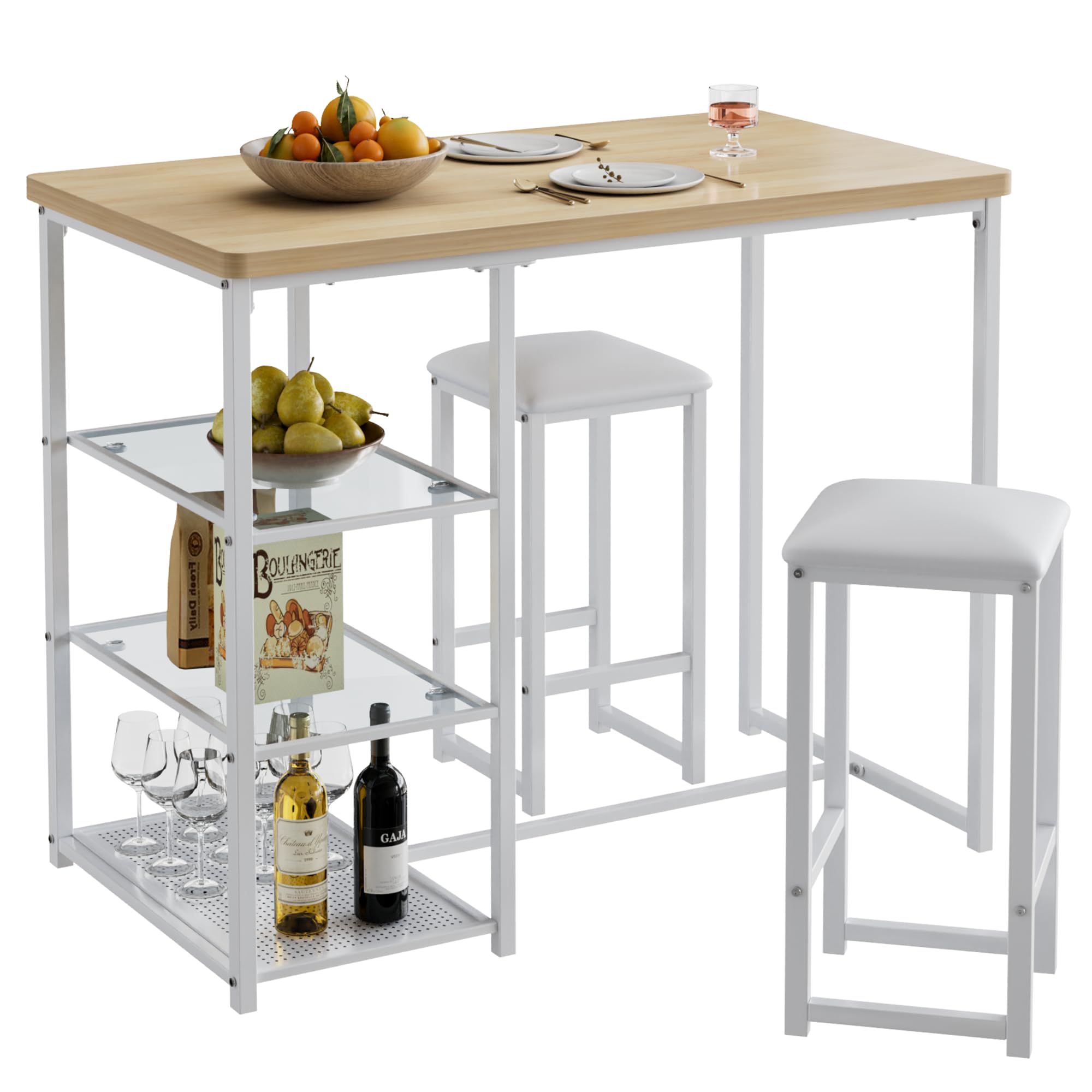 Photo 1 of *Dirty/Rust?* VECELO Small Bar Table and Chairs Set for 2, Upholstered Stools & Glass Storage Shelves, for Kitchen Dining Breakfast Nook, Space-Saving, Natural & White