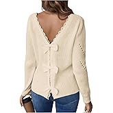 SOLY HUX Women's Sweaters Lace Bow Back Long Sleeve V Neck Pullover Casual Jumper Tops