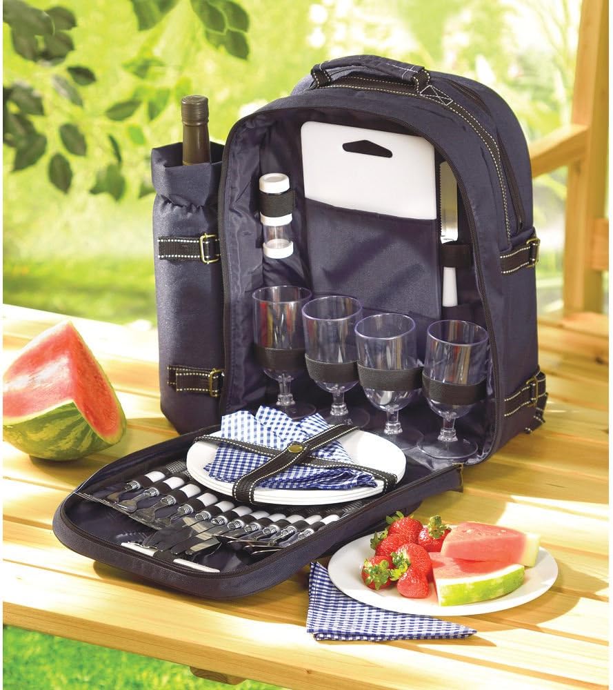 Deluxe 30pc Picnic Set Service For 4 Insulated Backpack Gourmet Basket Hiking