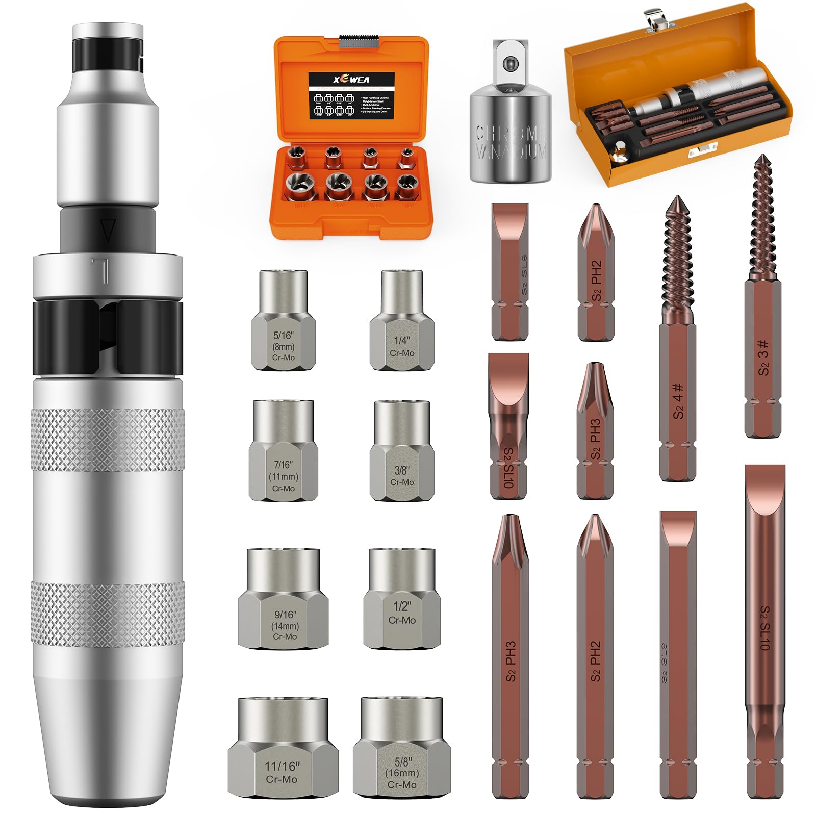 Photo 1 of 12PCS 3/8" Hand Manual Impact Driver and 8PCS 3/8" Bolt Extractor, XEWEA Reversible Impact Screwdriver Slotted,Phillips,Hexagonal Bit, for Removing & Fasteners Damaged, Rusted Screw Bolt