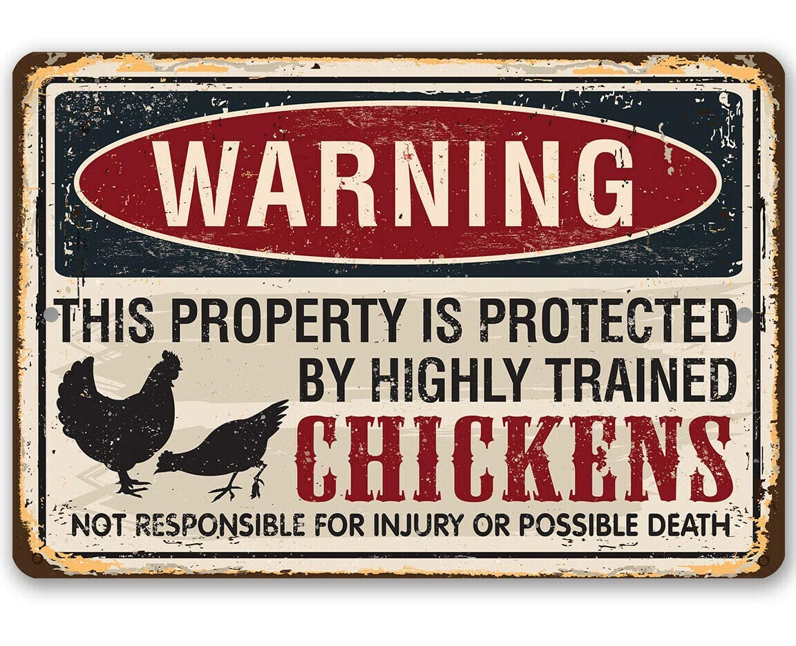 RIFOSA 6"x8" Warning Property Protected By Chickens Metal Sign Makes A Funny Farm Decor