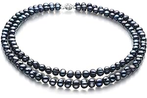 Eliana Black 6-7mm Double Strand A Quality Freshwater 925 Sterling Silver Cultured Pearl Necklace, Pearl