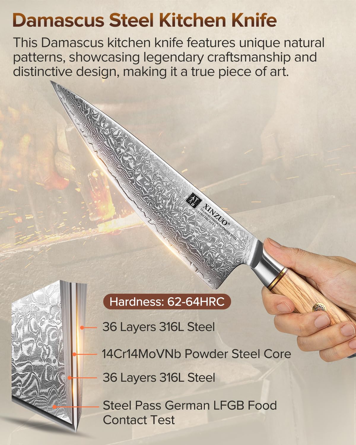 XINZUO 21.2cm Kochmesser 73 Schichten Damastpulverstahl, profi Chefmesser Gyuto-Messer, handgeschmiedet scharfe Klinge Küchenmesser-mit ergonomischer Olivenholz Griff - Lan Series 2