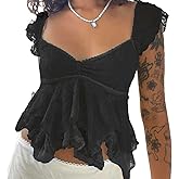 FOMOYUU Women Y2k Square Neck Lace Top Flying Sleeve Ruffle Babydoll Blouse Summer Flared Hem Going Out Crop Tank Top