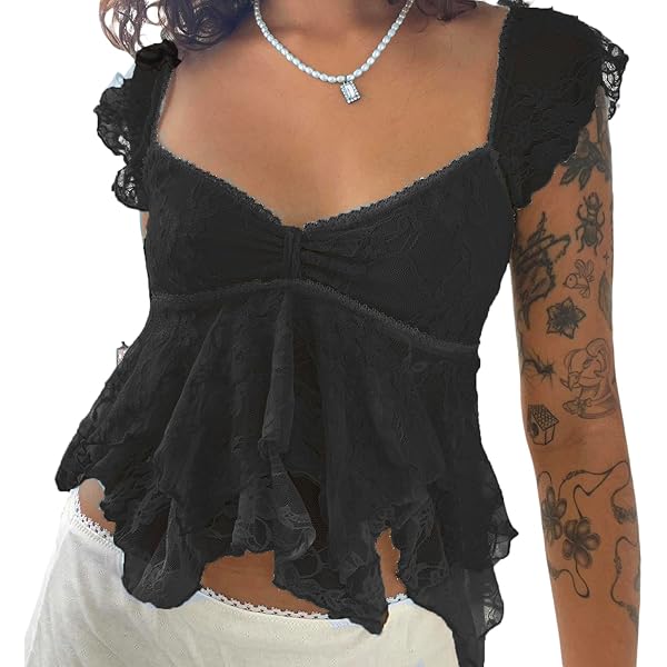 Pivanzore Women's Y2k Lace Babydoll Top Casual Cap Sleeve V