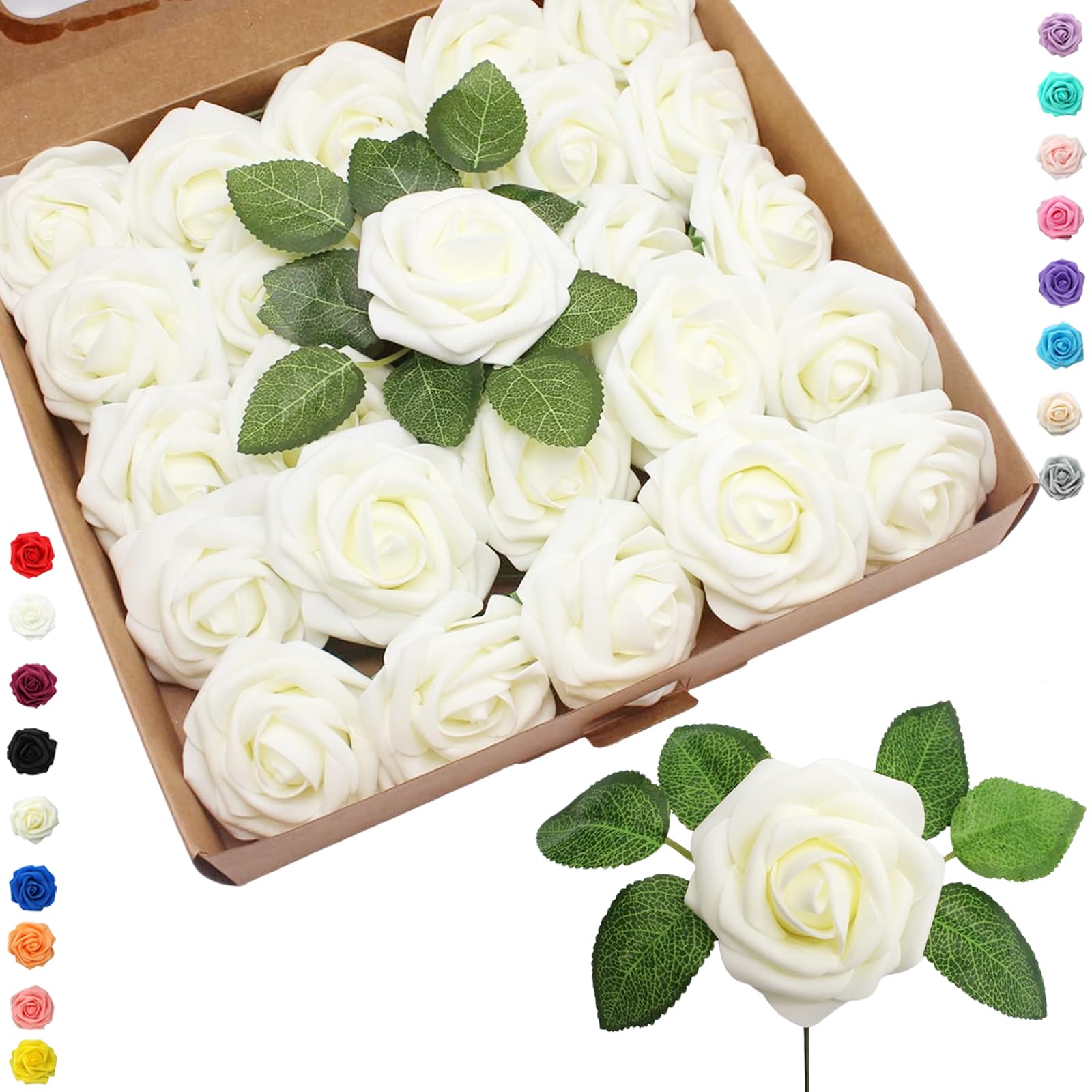 25pcs Faux Off White Roses - Real Touch Foam Artificial Flowers with Stem for Wedding Decor, Bridal Shower, Crafts, Home, Baby Shower, Valentines Day Decoration