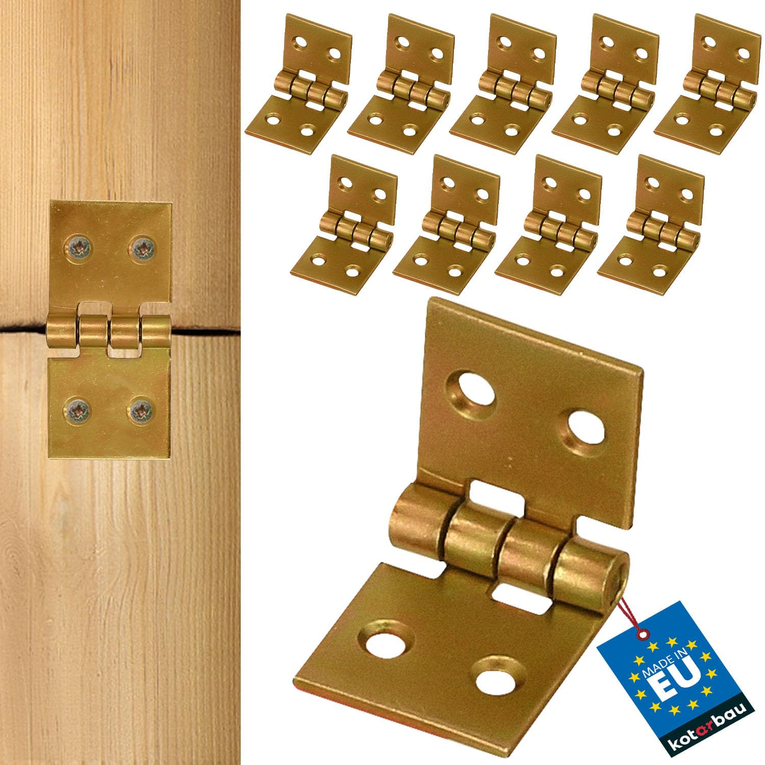 KOTARBAU - 10-Piece Set Galvanized Hinges - for Doors, Furniture, Boxes, Cabinets and Many More - 50 x 25 mm - Colour: Gold