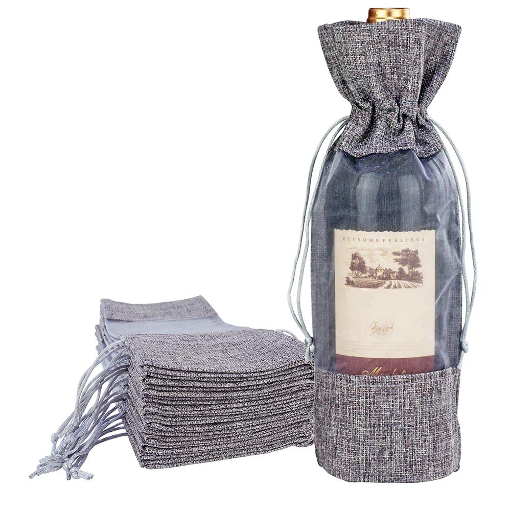 Bocar 5 * 12 Inch 12pcs Grey Linen Drawstring Wine Bag with Organza Window for Wine Tasting Parties Valentine's Day Wedding Gift Bag (WB-Grey Linen)