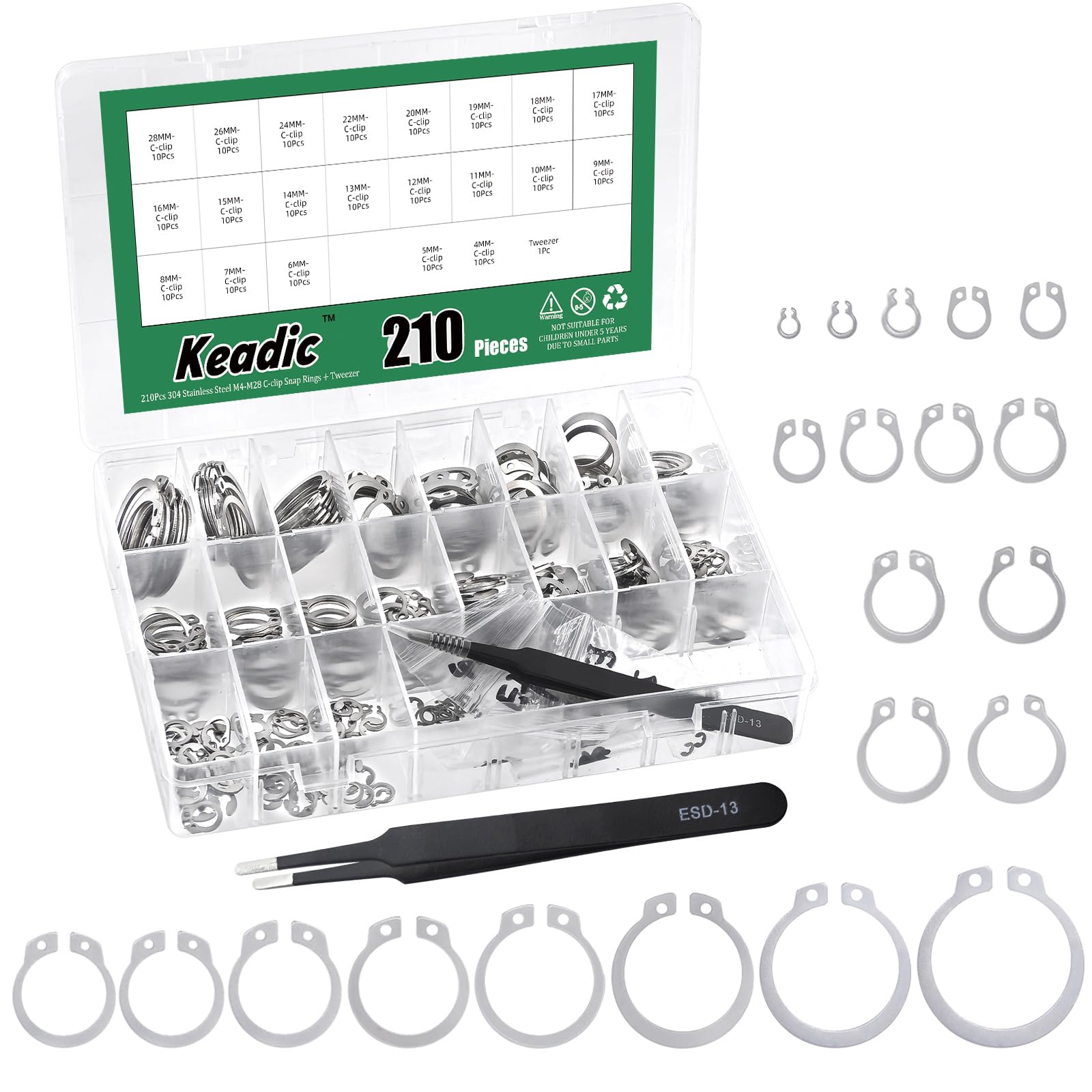 Keadic 211Pcs 21Sizes C-Clip Internal Snap Rings Assortment Kit with Tweezers, 304 Stainless Steel [M4 to M28] External Circlip Retaining Rings (304 Stainless Steel C-Clip)