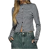 WDIRARA Women's Striped Button Down T Shirts Long Sleeve Tees Rib Knit Fitted Tops