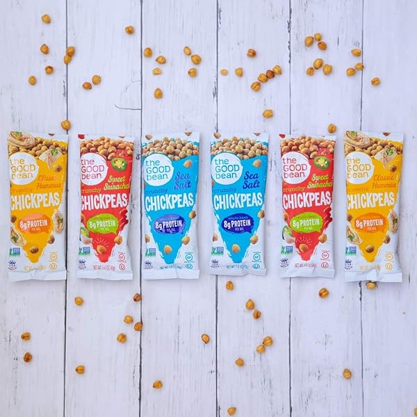 THE GOOD BEAN CRUNCHY CHICKPEAS – VARIETY PACK – (10 PACK) 1.4 OZ PACKET – SWEET SRIRACHA, SEA SALT, AND CLASSIC HUMMUS ROASTED CHICKPEA BEANS – VEGAN SNACK WITH GOOD SOURCE OF PLANT PROTEIN AND FIBER