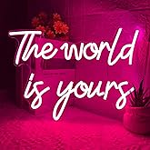 The World is Yours Neon Sign, Dimmable Word Lights for Wall Decor, Pink LED Neon Signs, World Neon Light up Sign for Bedroom Office Graduation Party Girl Room Birthday Present Engagement Valentine