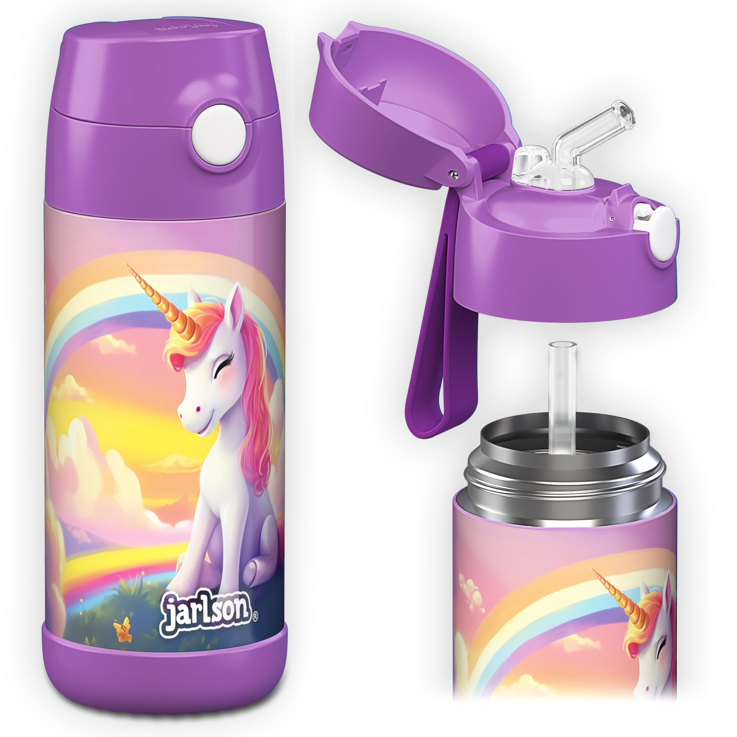 Jarlson® Kids Water Bottle CHARLI [12OZ] - Stainless Steel Thermo Bottle with Straw - Insulated, Spill Proof Waterbottle for School & Sports - Thermo Tumbler for Boys & Girls (Unicorn)