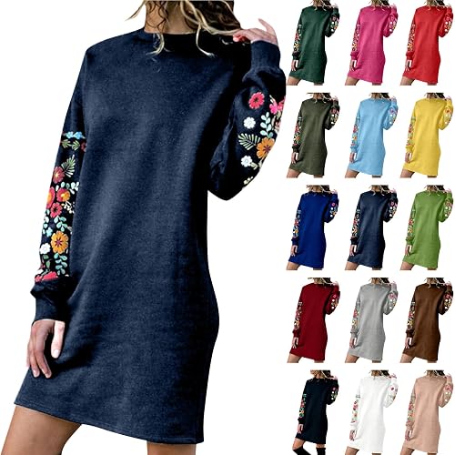 Winter Dresses for Women UK Elegant Plus Size Ladies Long Sleeve Dress Midi Length Casual Party Wear Autumn Floral Embroidery Sweatshirt Tunic Dress