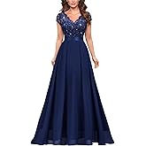 Miusol Women's Elegant V-Neck Cap Sleeve Sequined Floral Lace Formal Party Maxi Dress