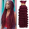 Human Braiding Hair for Boho Braids Human Hair 3 Bundles/Pack 110g 20 Inch Deep Wave Bulk Human Hair for Braiding Curly Knotless 12A Brazilian Virgin Burgundy