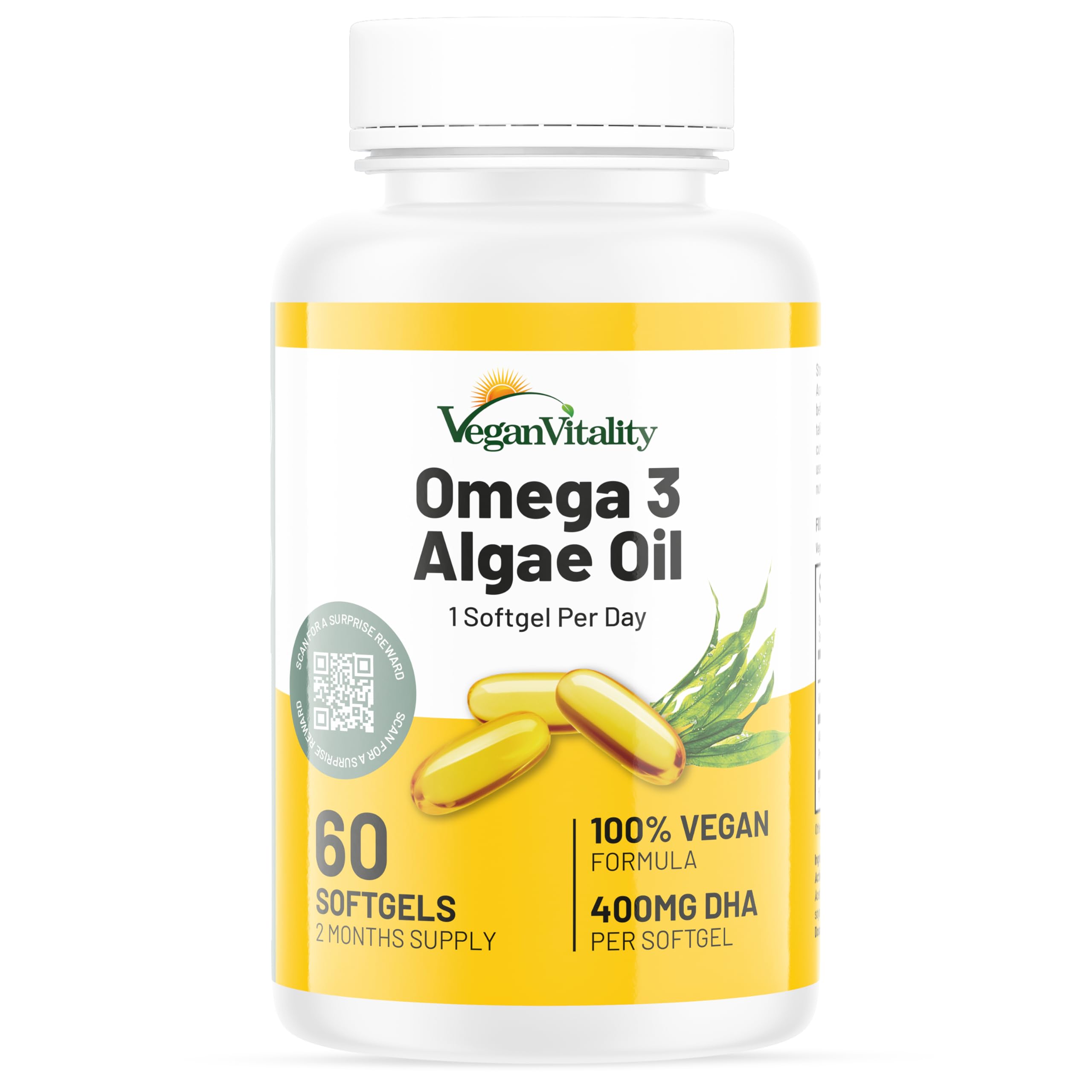 Vegan Omega 3 Algae Oil : 400mg DHA - for Heart, Joints, Brain Health, High Strength 60 Softgel Tablets, 2 Months Supply. Omega 3 Supplements. Omega 3 Vegan, Vegetarians DHA Supplement