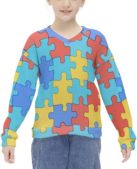 Amazon Co Jp 子供セーター ｖネック 女の子 キッズセーター 自閉症 色のパズル 子供服 女児 ガールズ 人気 かわいい 長袖 トップス ゆったり 無地 カットソー 柔らか プルオーバー 暖かい 保温性 おしゃれ 可愛い キッズ服 服 ファッション小物
