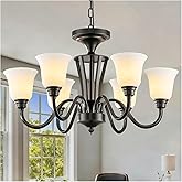 Vbrisoizy 6-Light Dining Room Light Fixture Black，Industrial Farmhouse Pendant Light with White Frosted Glass Shades, Rustic 