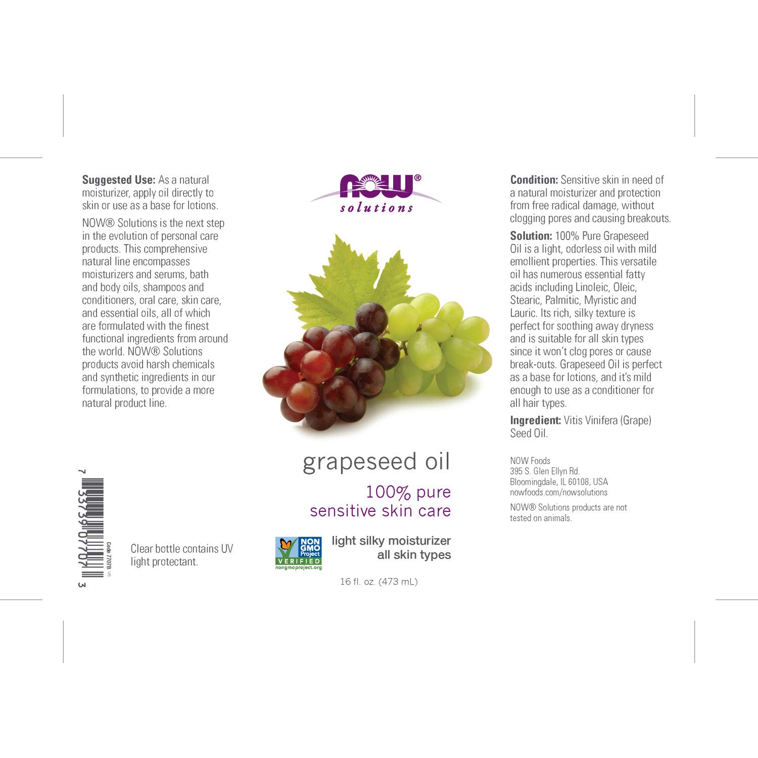 NOW Solutions, Grapeseed Oil, Skin Care for Sensitive Skin, Light Silky Moisturizer for All Skin Types, 16-Ounce : Grapeseed Oil : Beauty