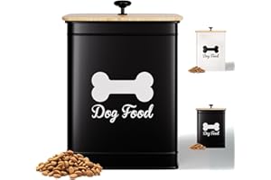 HB DESIGN CO. Dog Food Container Airtight 5-7 lb (25 Cup) Capacity - Cute Airtight Dog Food Storage Container with Bamboo Lid & Sturdy Metal Handle - Black Metal Kibble Storage Bin for Dogs up to 50 lbs - Pet Jar
