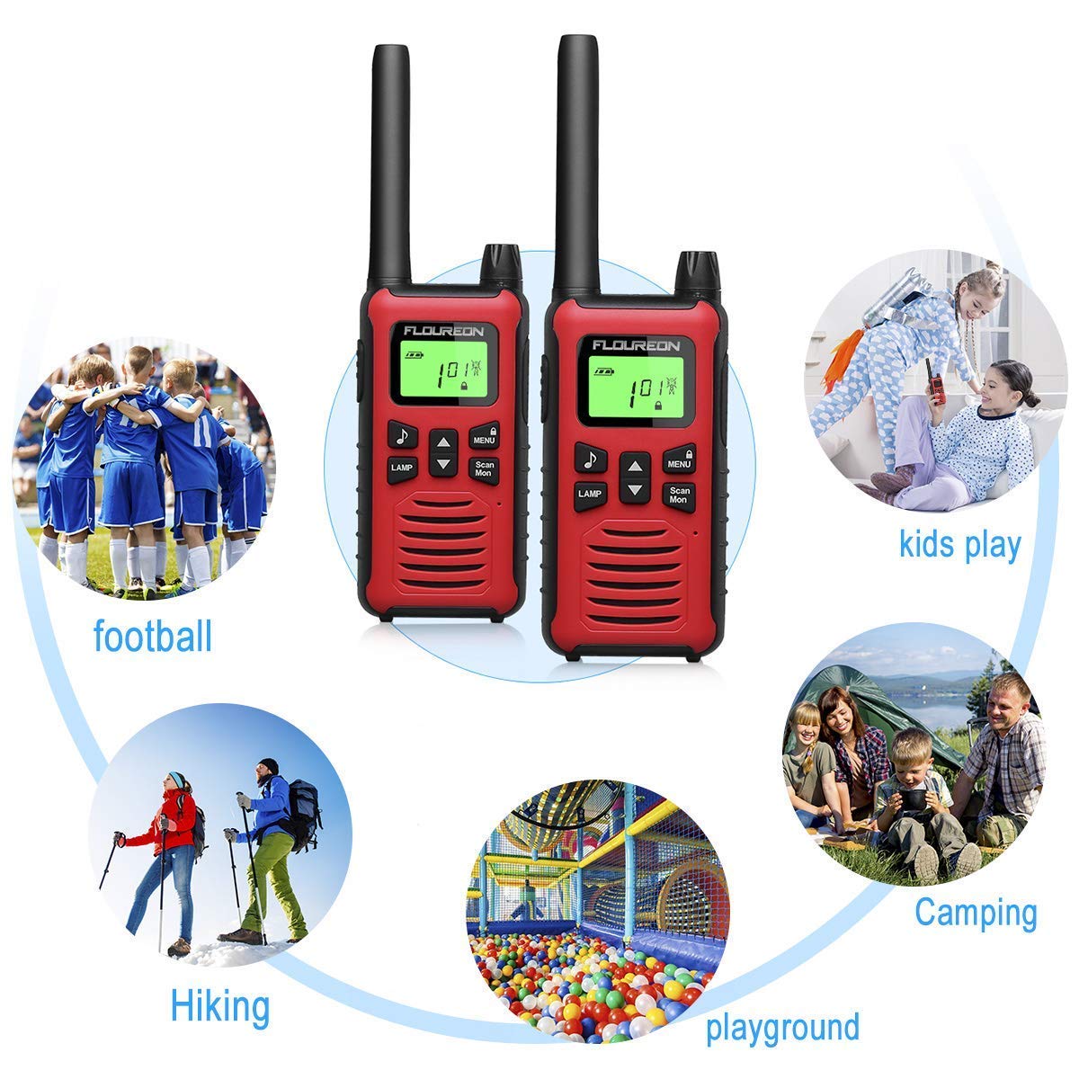 FLOUREON 4 Packs Walkie Talkies Two Way Radios 22 Channel 3000M (MAX 5000M Open Field) UHF Long Range Handheld Talkies Talky (Red FC200)