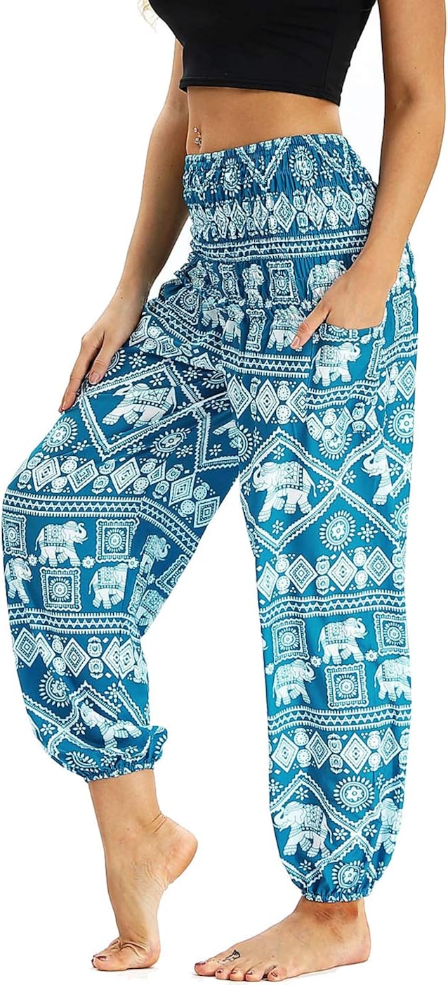Nuofengkudu Women's Harem Trousers Thai Hippie Baggy Boho Vintage Patterned High Waist Smocked Waist Breathable Thin with Pockets Yoga Pants Beach Light Blue Elephant B