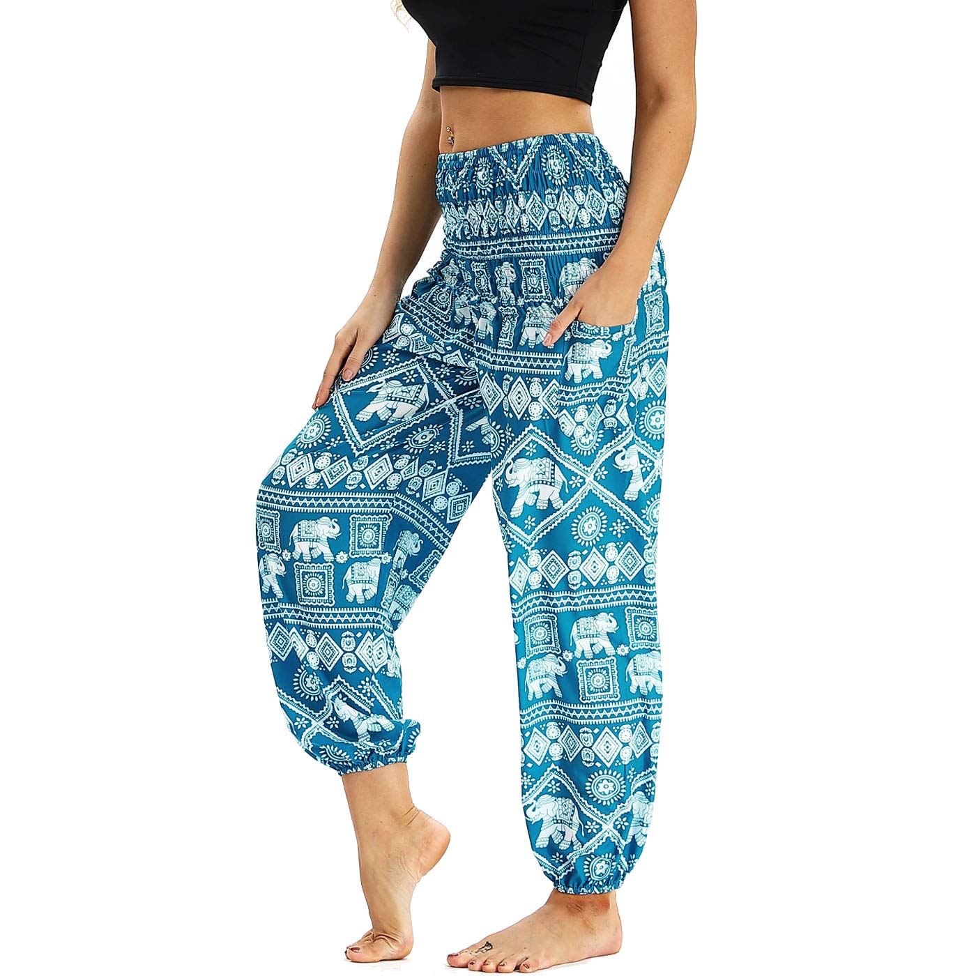 Nuofengkudu Women's Harem Trousers Thai Hippie Baggy Boho Vintage Patterned High Waist Smocked Waist Breathable Thin with Pockets Yoga Pants Beach Light Blue Elephant B, One Size