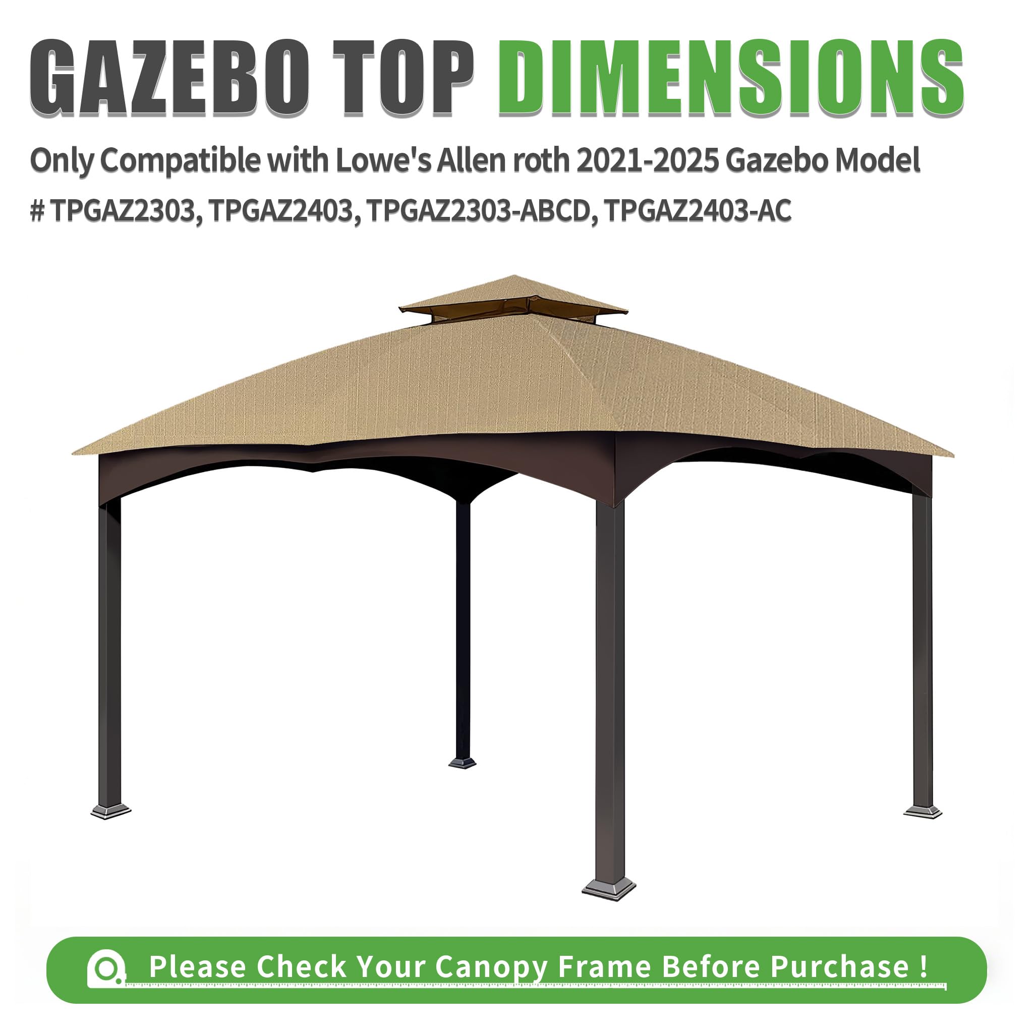 Condition photo showing New/Like New for gazebo replacement top compatible with the lowe's allen roth gazebo model # tpgaz2303, tpgaz2403, tp