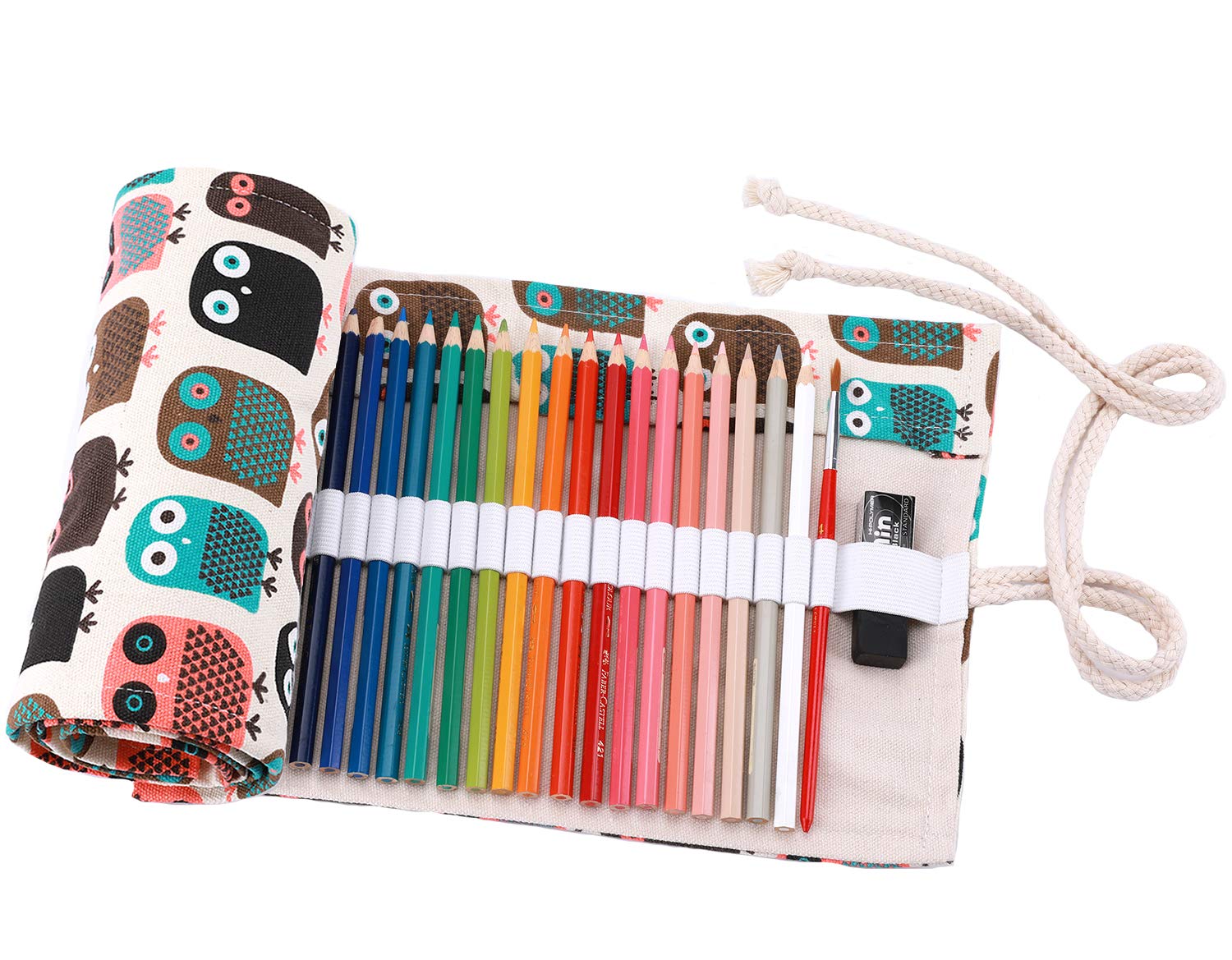 Amoyie Roll Up Pencil Case for 36 Coloured Pencils, Foldable Colouring Pens Organiser Bag Kids, Artist Wrap, Canvas Holder, Cute Owl Beige