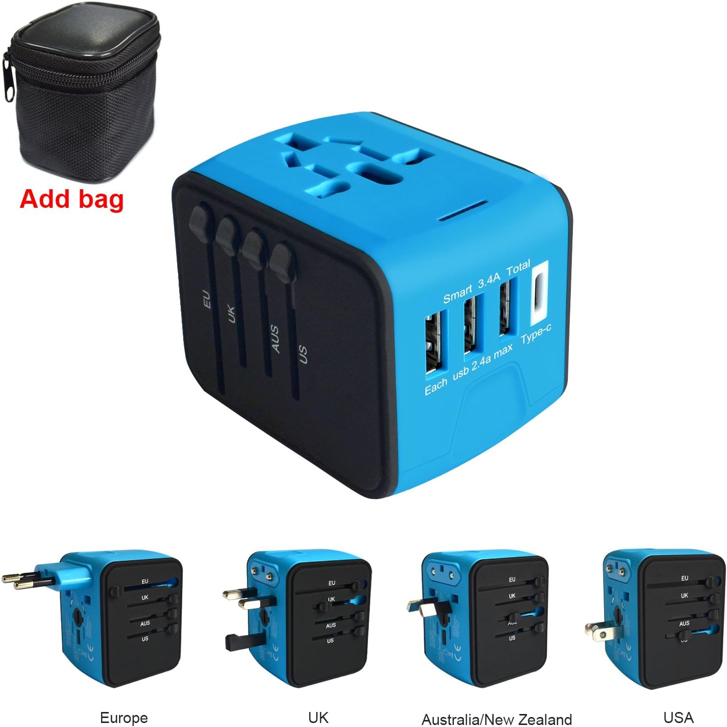 International Power Adapter, All in One Universal Travel Plug Adapter with 1 Type-C and 3 USB Ports, Converters and Travel Adapters for Europe, UK, US, AU & Asia - Safety Fuse (Blue)