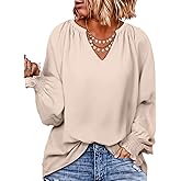 Eytino Womens Plus Size Tops Sexy V Neck Smocked Long Sleeve Casual Chiffon Blouse Flowy Work Shirts(1X-5X)