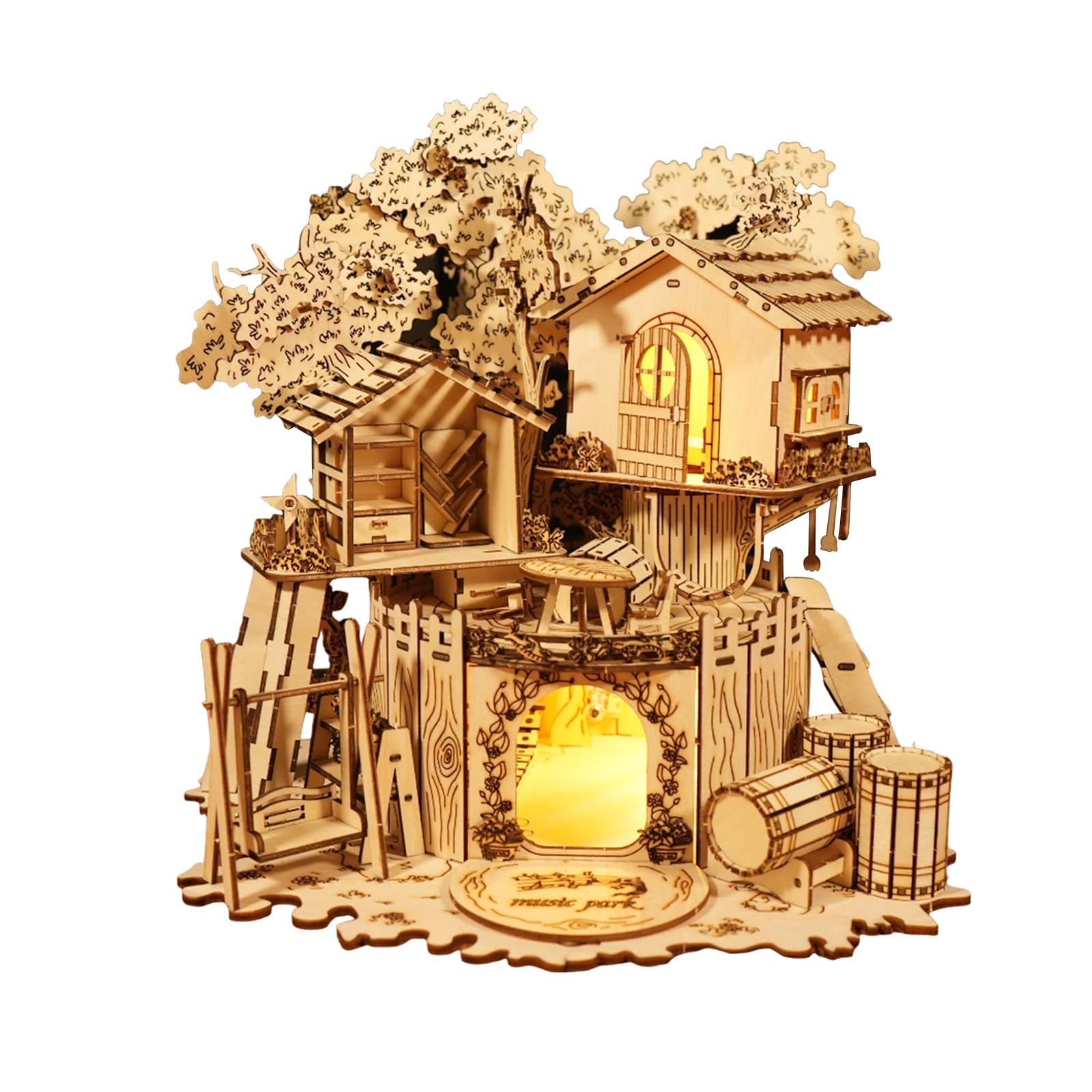 Music Park 3D Wooden Puzzle Treehouse for Adult to Build DIY Miniature Model Kit with LED Home Decor,Christmas and Birthday Gift