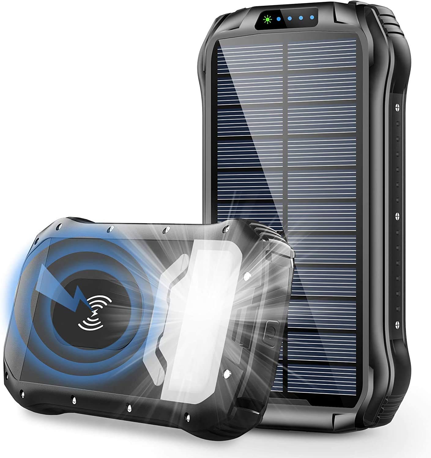 Solar Charger 26800mAh, Qi Wireless Portable Solar Power Bank with 4 Outputs & Dual Inputs Type-C, Waterproof External Backup Battery Pack with 18 LED Flashlight for Smart Phone,Tablets, Outdoor