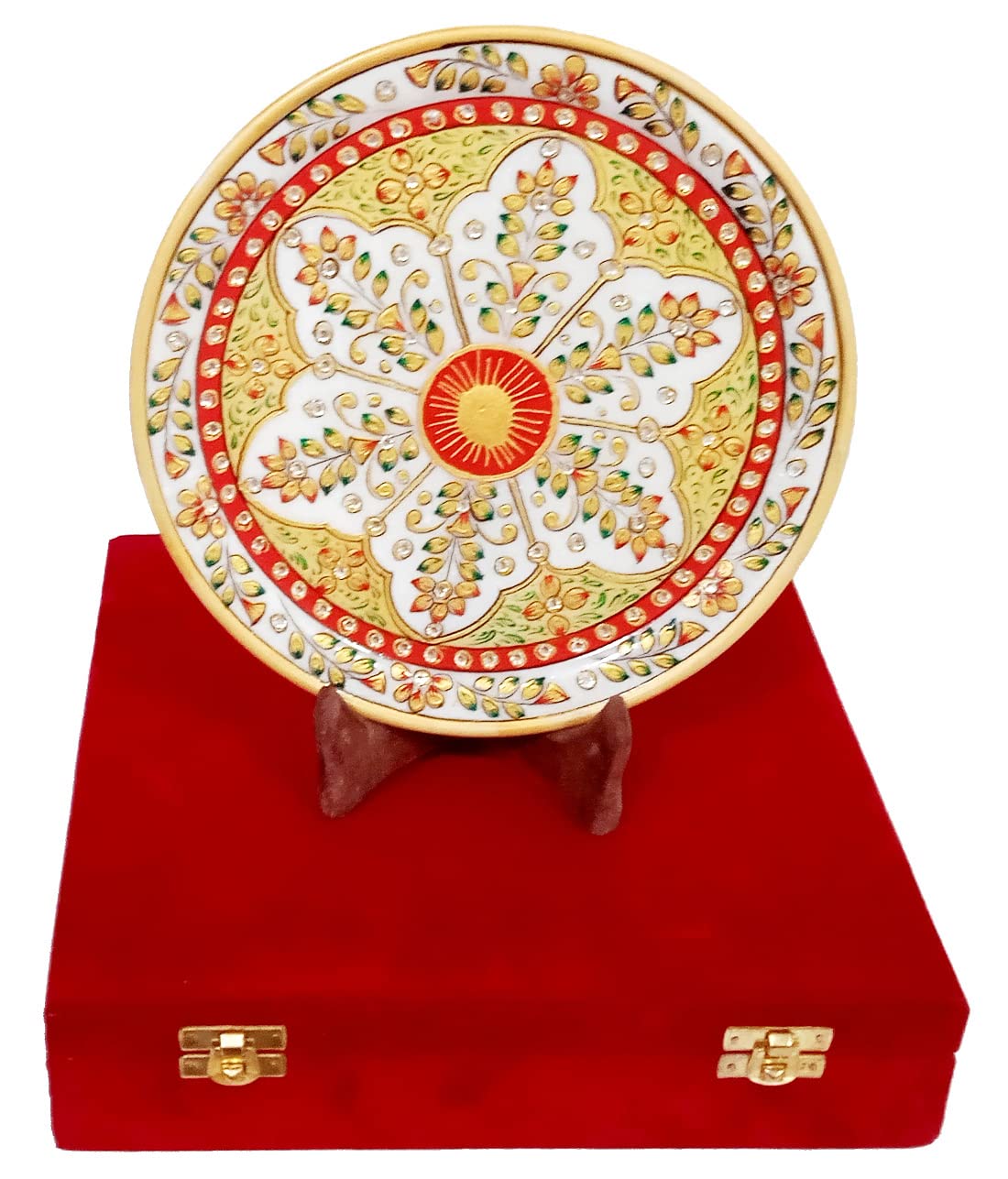 Purpledip Indian Gift : Handpainted Marble Plate with Wooden Stand in a Classy Velvet Box (10557)