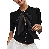 MSBESYOR Bow Tie Front Cardigan Sweater Short Puff Sleeve Button Down Trendy Summer Knit Thin Cropped Shirt Tops