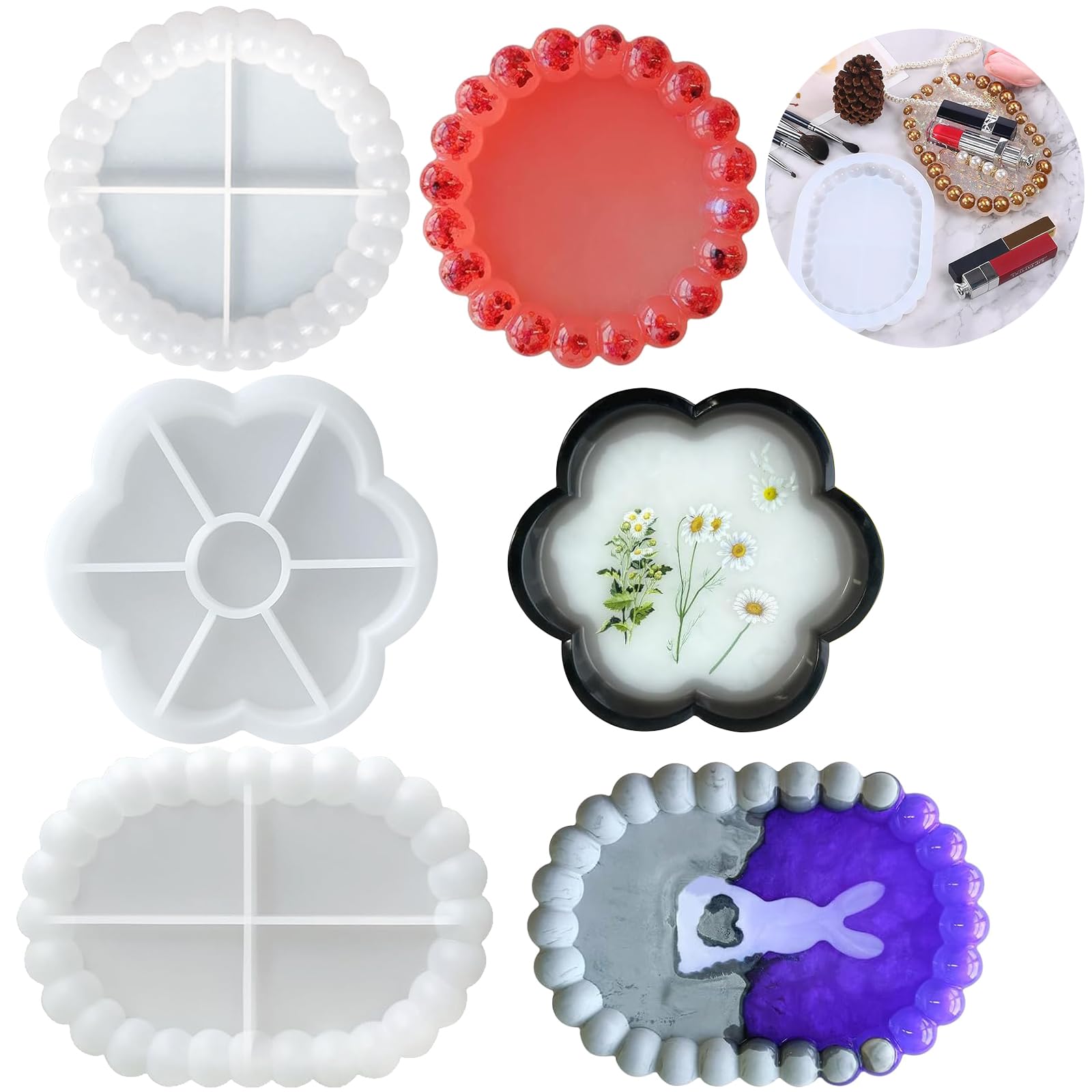3Pcs Bubble Coaster Mould Set, Bubble Tray Epoxy Resin Casting Mould, DIY Oval Flower Plate Mold, Decorative Silicone Jewelry Dish Mold, Round Art Craft Cup Mat Moulds for Bowls Home Decorations