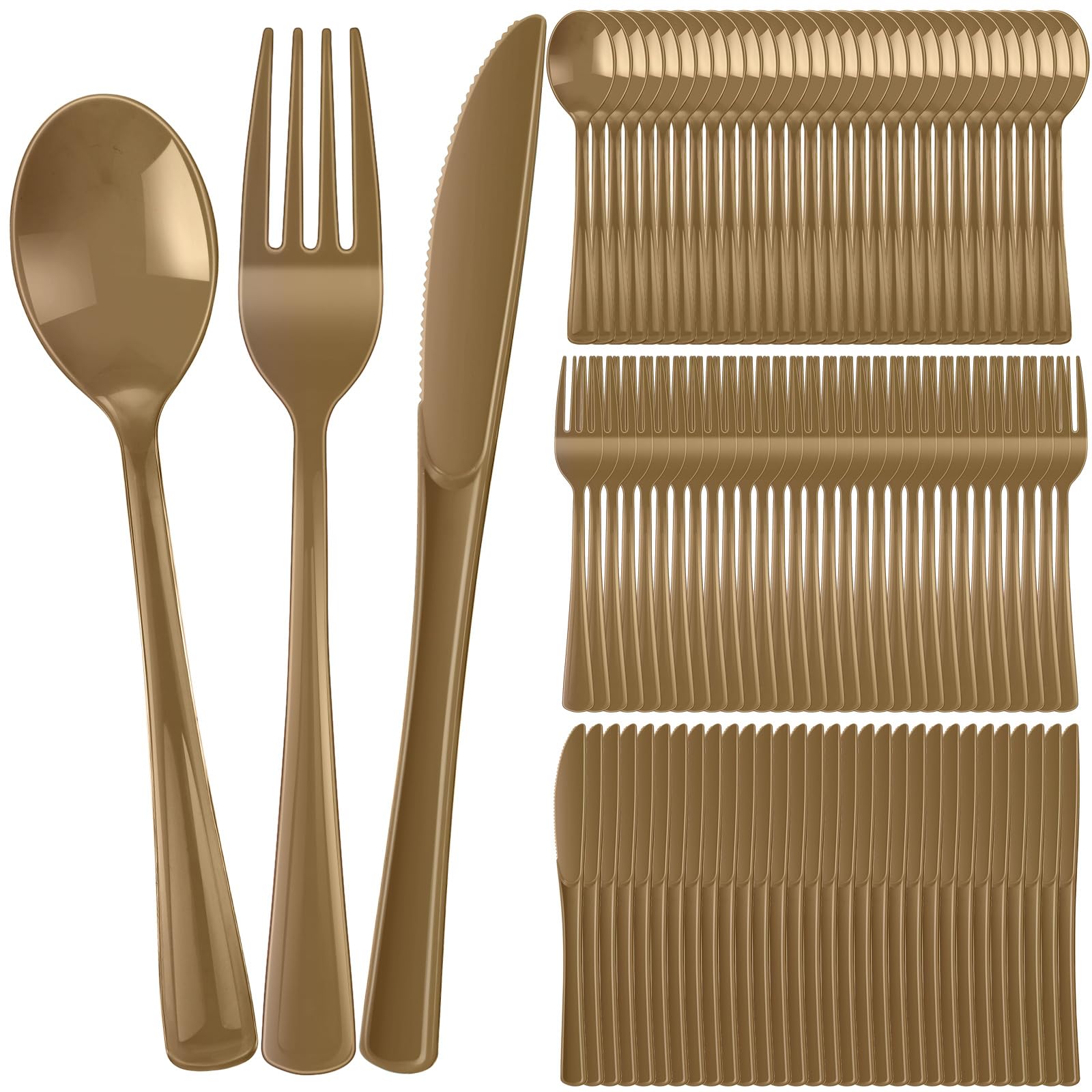 Photo 1 of 300 Pcs Plastic Silverware Heavy Duty Cutlery Set Plastic Utensils Set Includes 100 Disposable Spoons 100 Forks Knives for Parties Catering Family Gathering(Gold)