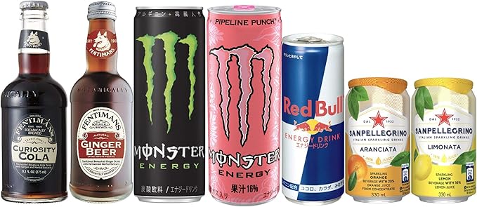 Amazon リフレッシュ炭酸セット キュリオスティコーラ ジンジャービア モンスターエナジー パイプラインパンチ レッドブル サンペレグリノ オレンジ サンペレグリノ レモン ノーブランド品 炭酸飲料 通販