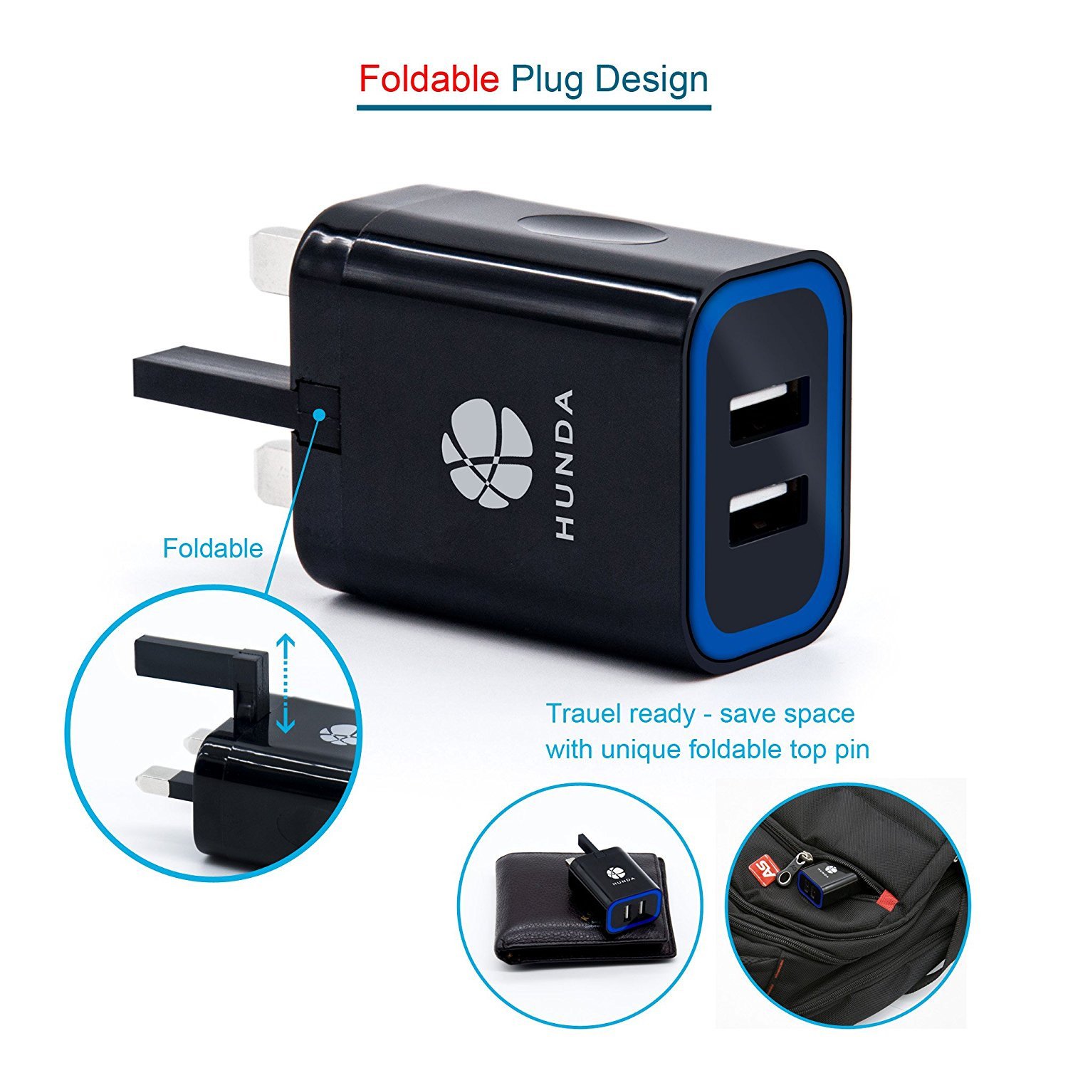 USB Charger Plug Hunda 3.1A 2-Port Mains Wall Charger with Smart IC UK Plug (Travel Adapter, Fast and Safe) for iPhone iPad Samsung HTC Kindle LG Smartphones Tablet & USB Socket Devices