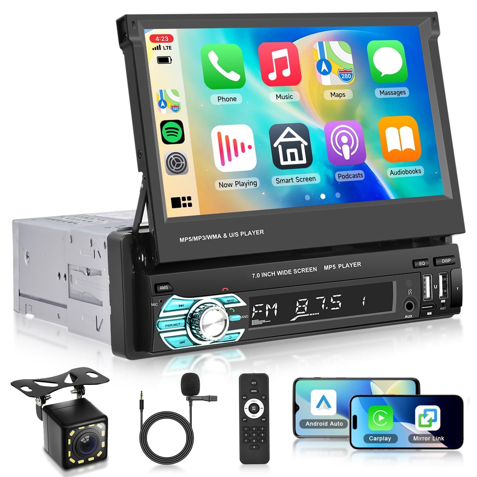 Photo 1 of Single Din 7 inch Flip Out Car Stereo Wireless CarPlay Android Auto, Hodozzy Bluetooth 1 Din Touchscreen Car Radio with SWC Mirror Link FM Radio, Support USB/TF/AUX/DSP/MIC+ Camera